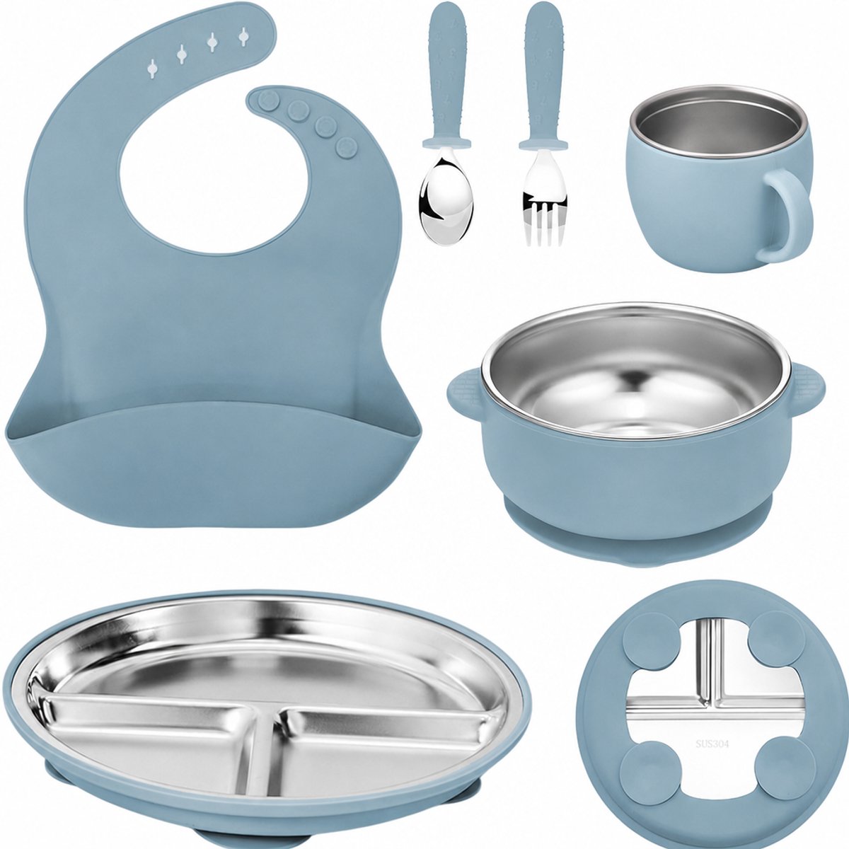 Ryoudavell - 6-in-1 Baby Servies Set RVS & Siliconen - Bord met Zuignap - Kom, Beker, Slab, Lepel & Vork - BPA-vrij voor Peuter & Baby