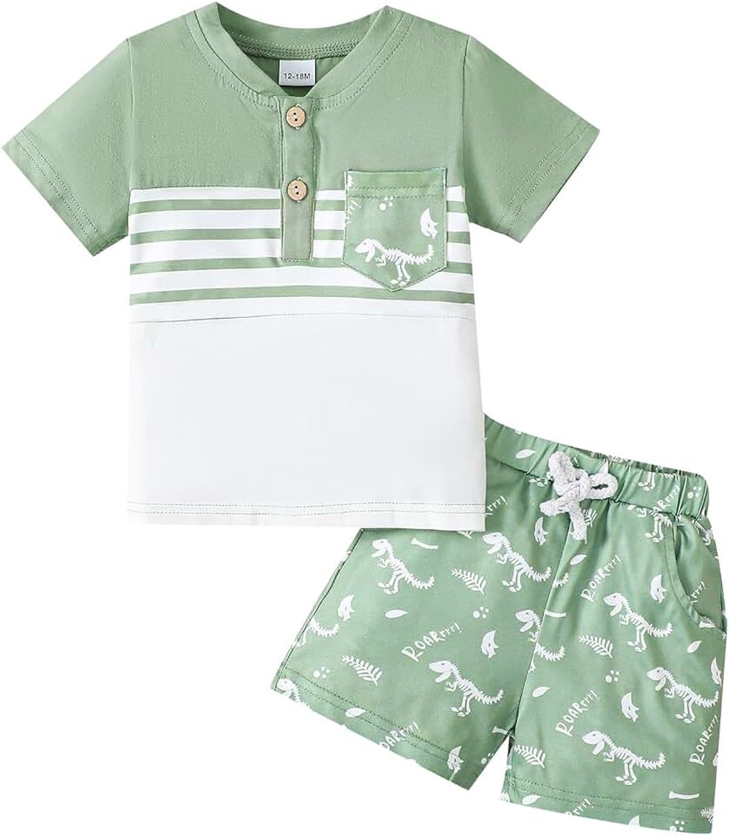 Babykleding voor jongens, korte mouwen, gestreepte tops, dinosaurus, set met berenprint, zomeroutfits voor babyjongens