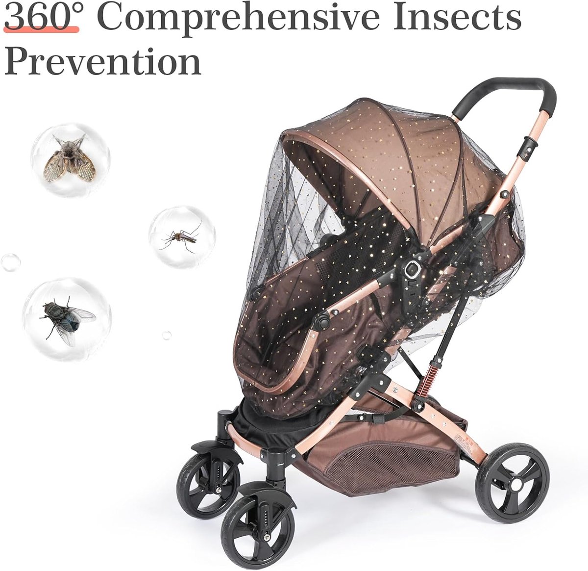 Muggennet voor kinderwagen - zwart met sterrenpatroon - multifunctioneel - geschikt voor wiegjes - ledikanten, boxen en reisbedjes