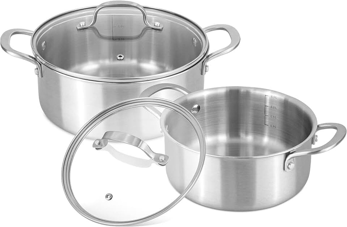 Braadpan met deksel – Inductiekookplaat kookpottenset – Antiaanbak Dutch Oven – 20 cm 2,7 l & 24 cm 4,3 l (2 potten + 2 glazen deksels) – door Nuovva
