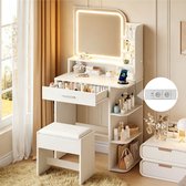 Kaptafel - Make Up Tafel - Inclusief Krukje - Met Groots LED Spiegel - Met Stopcontacten - USB & Type-C - 3 Lichtkleuren - 1 Lade en 7 Planken - Eenvoudige Montage - 139 x 68 x 36 cm (H x L x B) - Voor Slaapkamer Kleedkamer - Wit