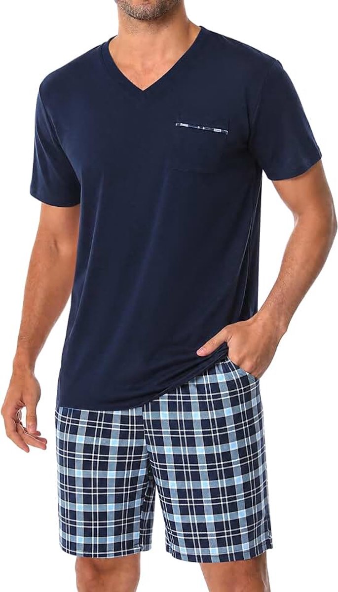 Korte herenpyjama van katoen, korte mouwen, set van korte pyjama's, voor de zomer, overhemden en broeken, zacht en comfortabel