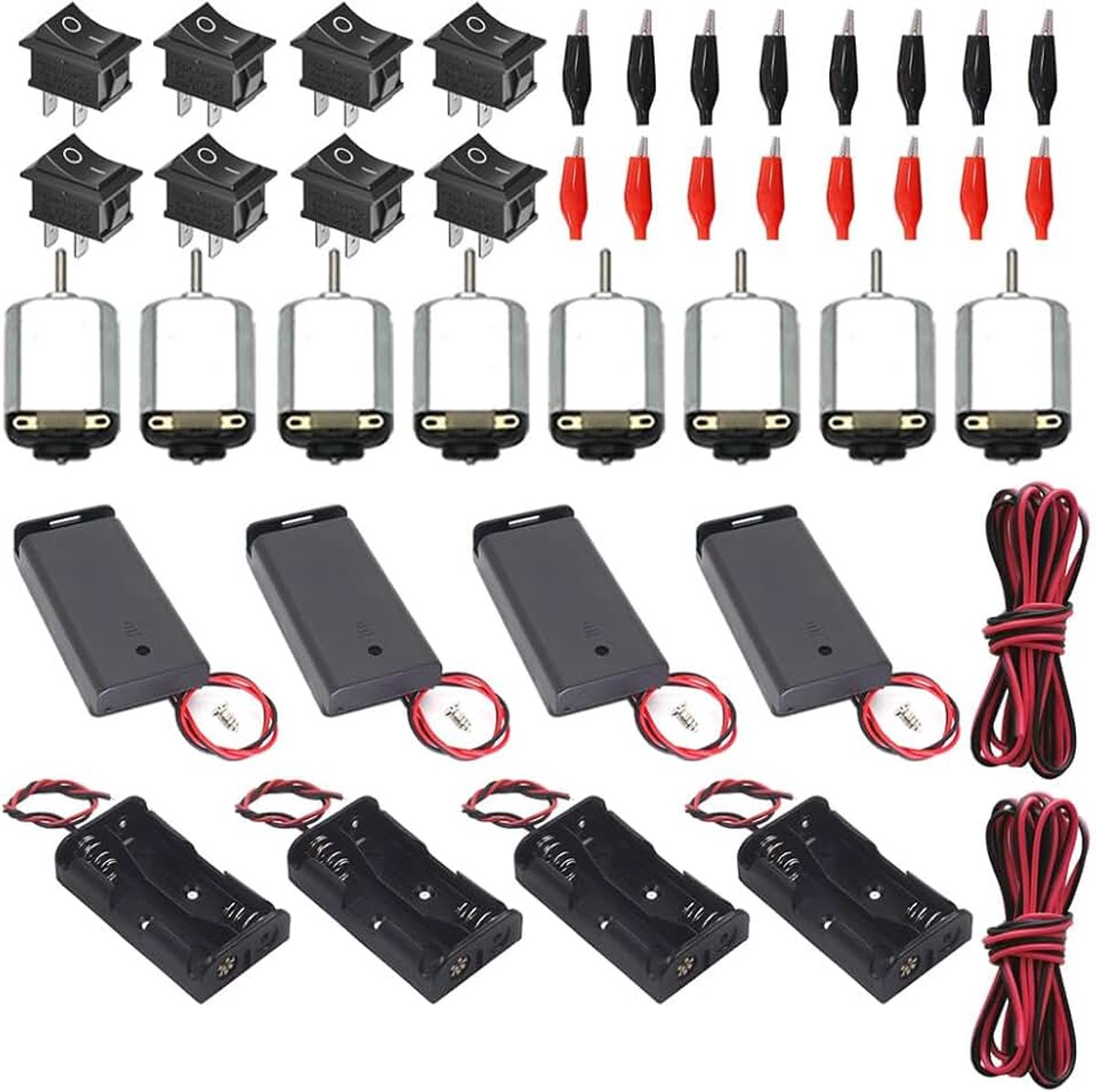 Motoren, elektrisch, rechthoekig, 1,5-6 V, 15000 omw/min, 8 x AA-batterijhouder, 8 x tuimelschakelaar, 16 x krokodillenklem, 2 x 1 m, 0,5 vierkante kabel
