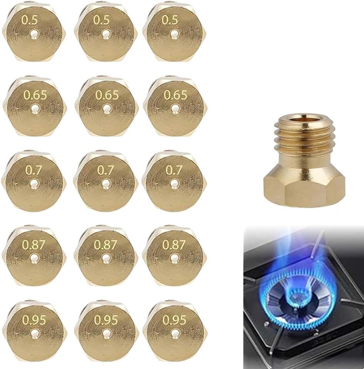 Set van 15 universele sproeiers 6 MB LPG voor gasflessen, sproeiers voor gasfornuizen, verschillende maten (0,5/0,65/0,7/0,87/0,95 mm) x 3