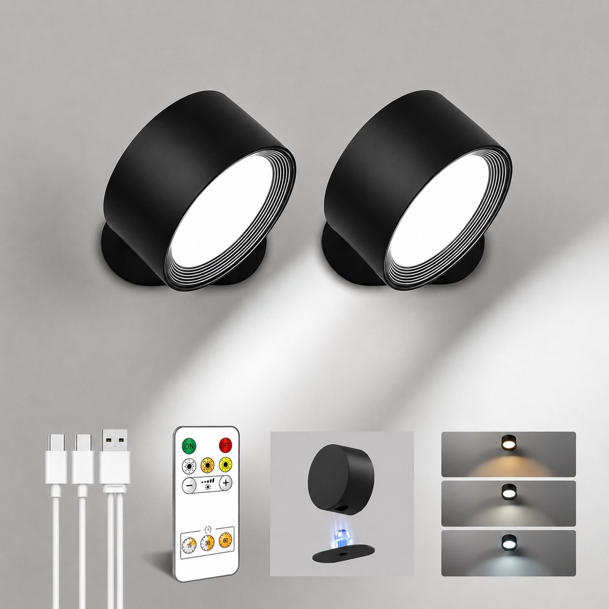 Wandlamp Oplaadbaar - 2 Stuks - Met Afstandsbediening - 3 Lichtkleuren - Helderheid Verstelbaar - Wandlamp Binnen - Oplaadbare Lamp - Muurlamp Binnen - Wandlampje - Draadloze Lamp - Schilderijverlichting - Wandverlichting Binnen - Zwart