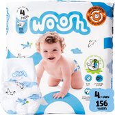 Woosh luiers, maat 4, 156 stuks, 7-14kg. Verpakking met baby en stapel luiers, blauw en wit design.