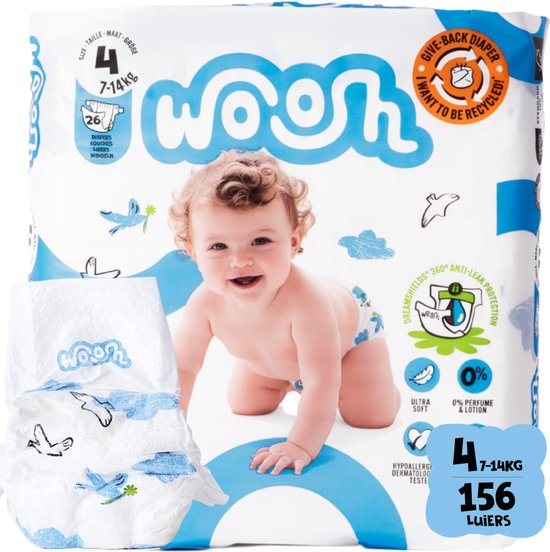 Woosh luiers, maat 4, 156 stuks, 7-14kg. Verpakking met baby en stapel luiers, blauw en wit design.