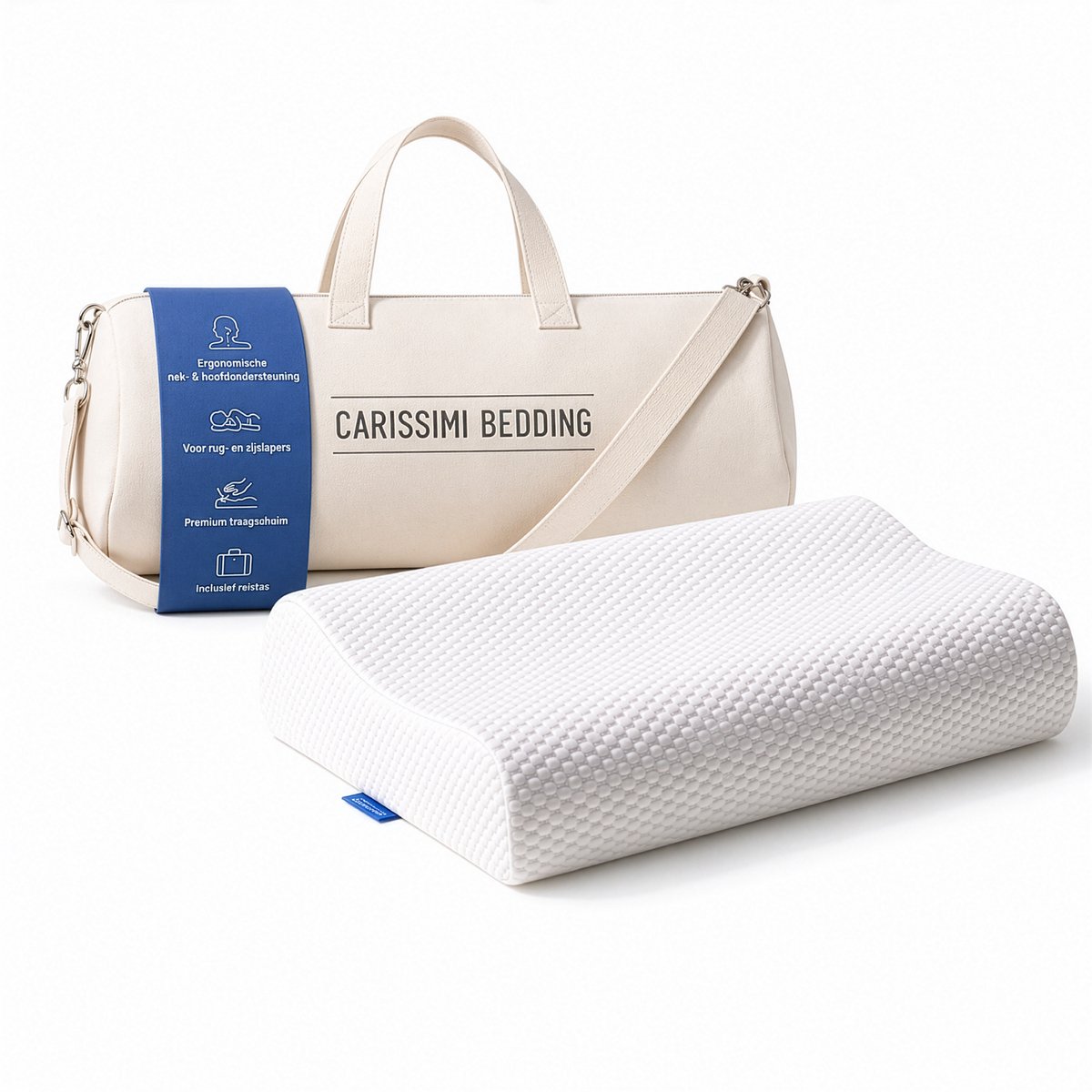 Carissimi Bedding Original Hoofdkussen - Traagschuim Slaapkussen voor Zijslaper en Rugslaper - Ergonomisch Kussen met Nek & Hoofd Ondersteuning - Met Reistas wit