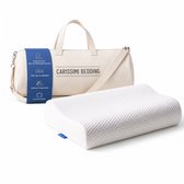 Carissimi Bedding traagschuim hoofdkussen met nek- en hoofdsteun, inclusief reistas met tekst 'Ergonomische nek- & hoofdondersteuning'.