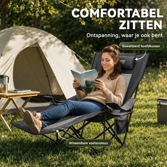 Sello! opvouwbare campingstoelen met voetensteun - verstelbaar - hoofdsteun - bekerhouder - draagtas - set van 2 - antraciet/zwart — afbeelding 2