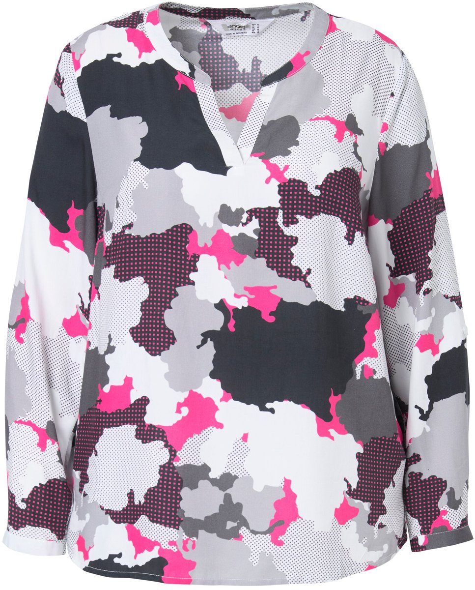 Angel of Style - Dames - Blouse camouflageprint tuniekhals - Zwart - Maat 46
