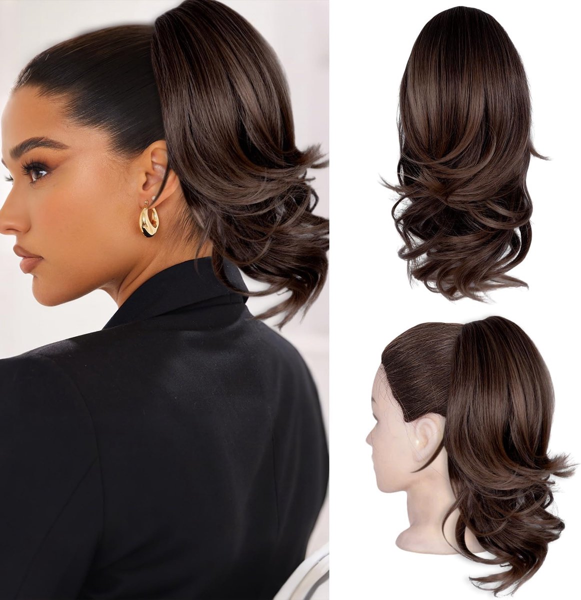 Clip-In Extension, 14" Kort, Golvend Synthetisch Haarstuk, Natuurlijk, Zacht voor Vrouwen (Chocoladebruin)