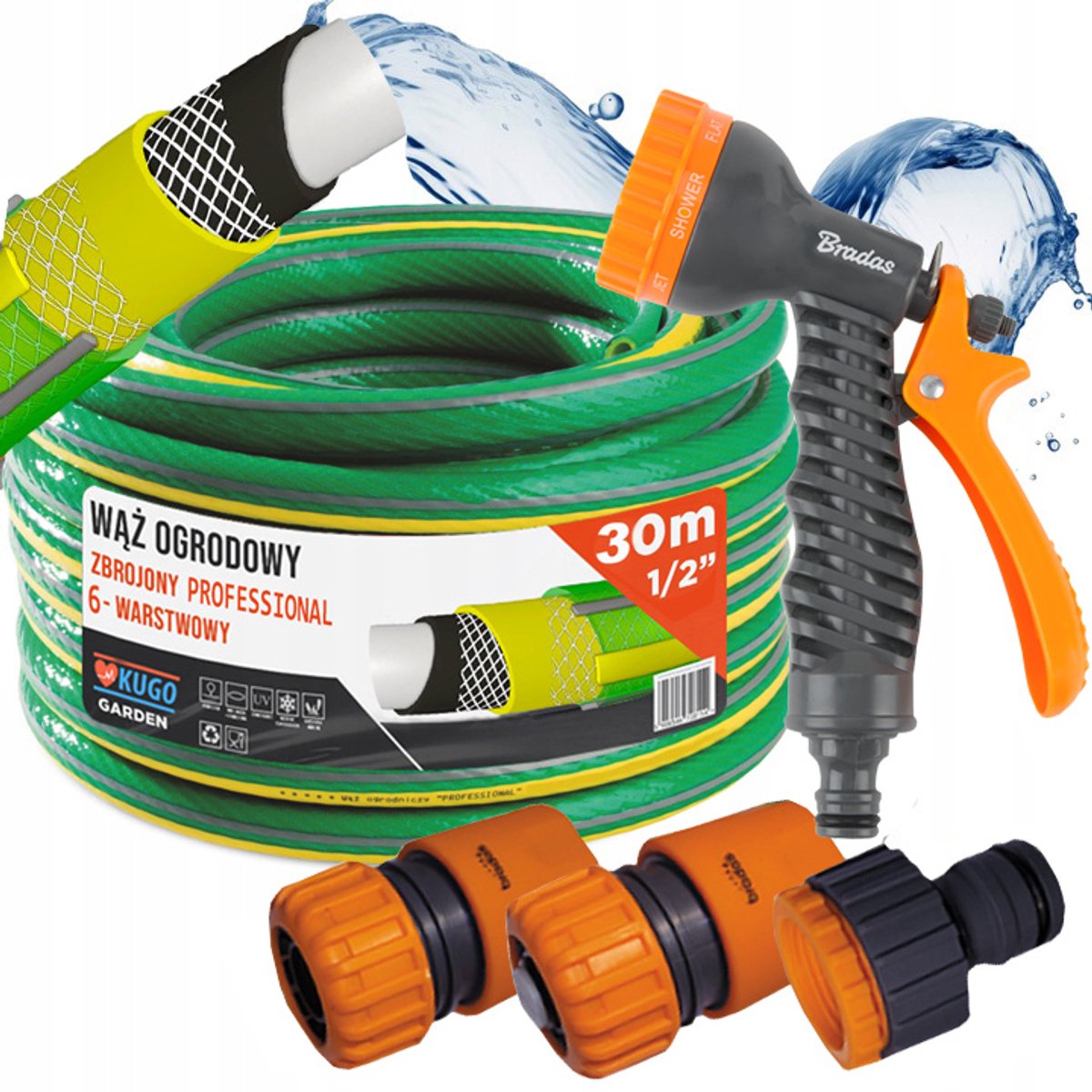 6-laags tuinslang 1/2" 30m met sproeier en koppeling - UV-bestendig