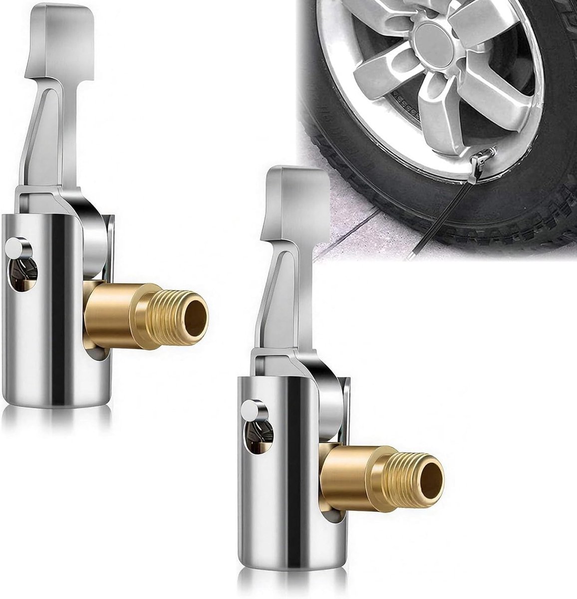 2 stuks opzetstukken voor autobanden, luchtboorhouder van messing, bandenventieladapters voor auto, adapter voor schroefdraadmondstuk, voor pomp, fiets, motorfiets, auto, snelkoppeling, accessoires