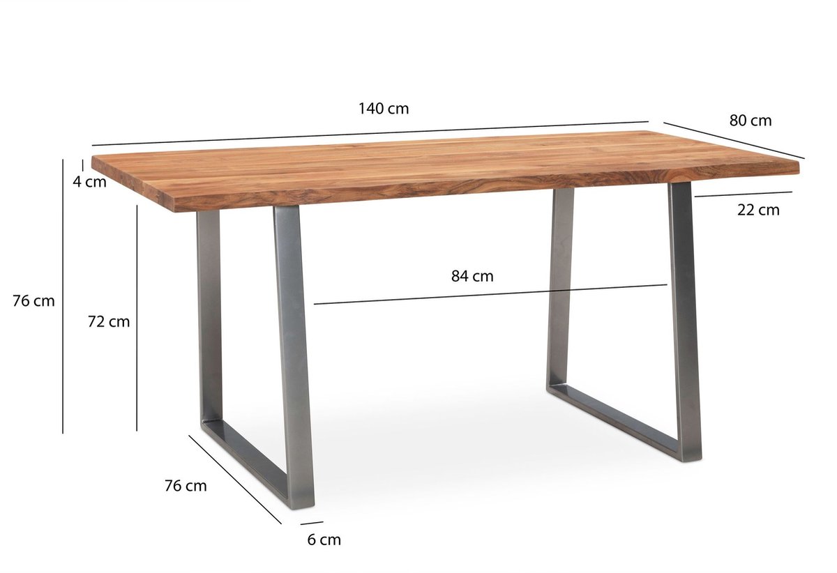 eetkamertafel 140x80x76 cm acacia massief hout / metaal eettafel boomrand, keukentafel massief met trapeziumvormige poten in chroom, houten tafel eettafel eetkamer rechthoekig