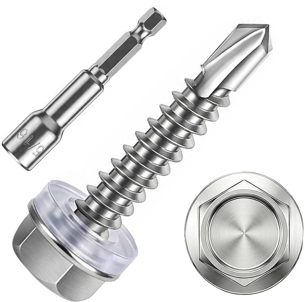 410, zelfborende metalen schroeven, M4,8 x 25 mm, 120 stuks, zeskantkop van roestvrij staal met EPDM-sluitring en waterdichte sleutel voor metalen plaat en daken