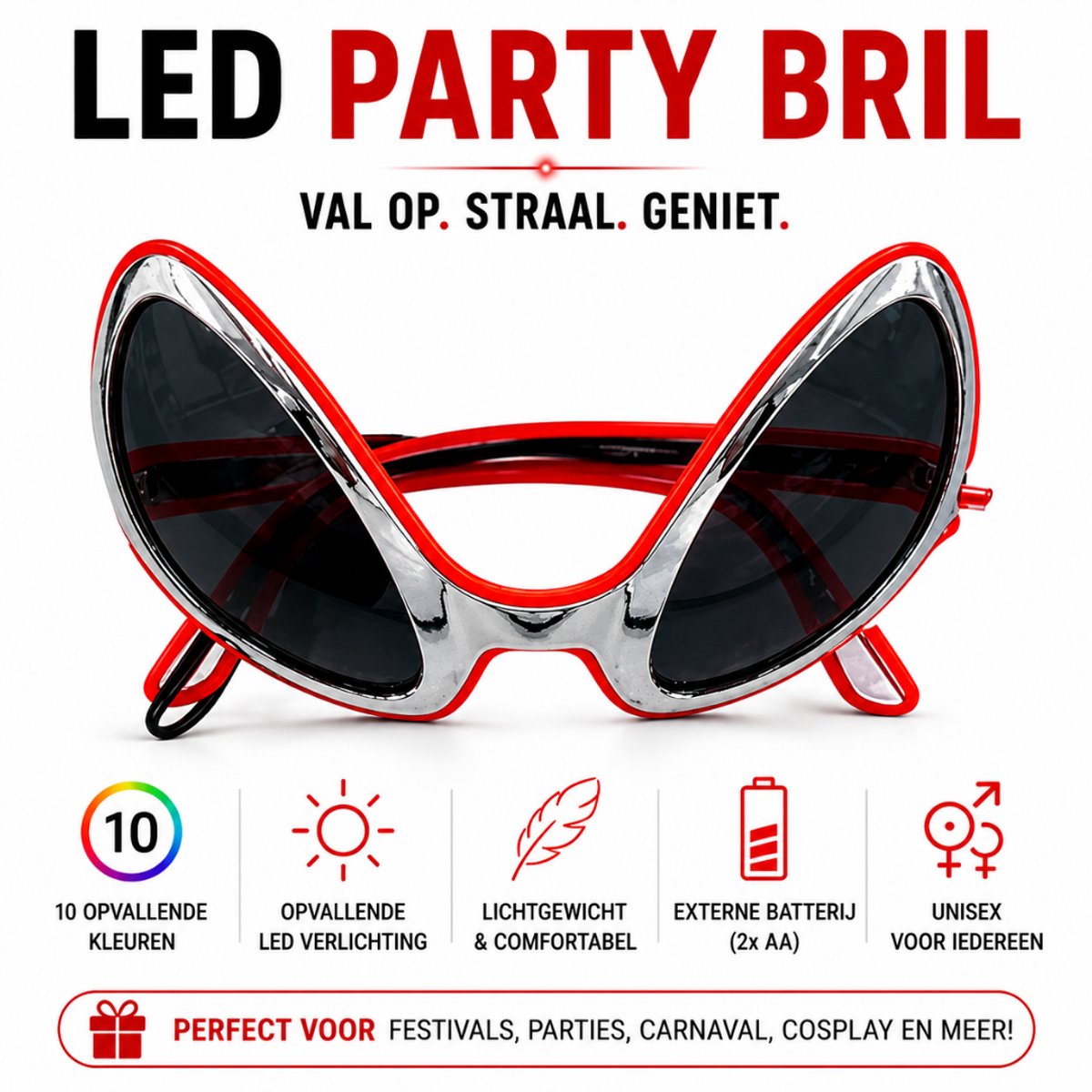 GlowAlien LED Bril – Festival & Party Bril – Koningsdag & Carnaval – Rood Licht – 3 Lichtmodi