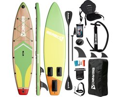 BEROCA SUP Board - met Zitje - Sup Board Opblaasbaar - Complete Set - 320x81cm - Max. 160 kg - Houtnerf Geel