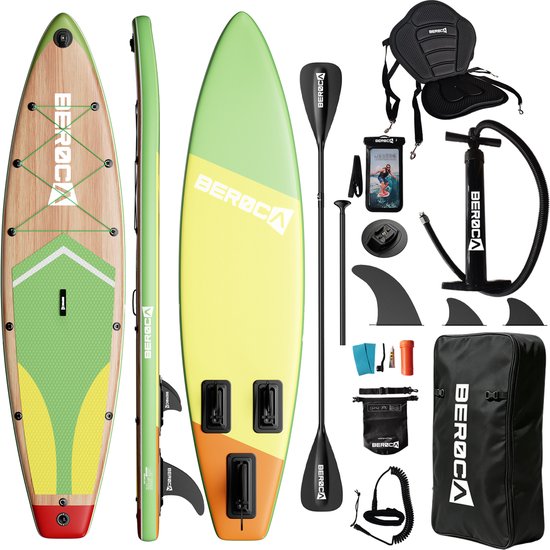 Ensemble complet d'une planche de SUP jaune, verte et orange avec accessoires : pagaies, pompe, aileron, sac.