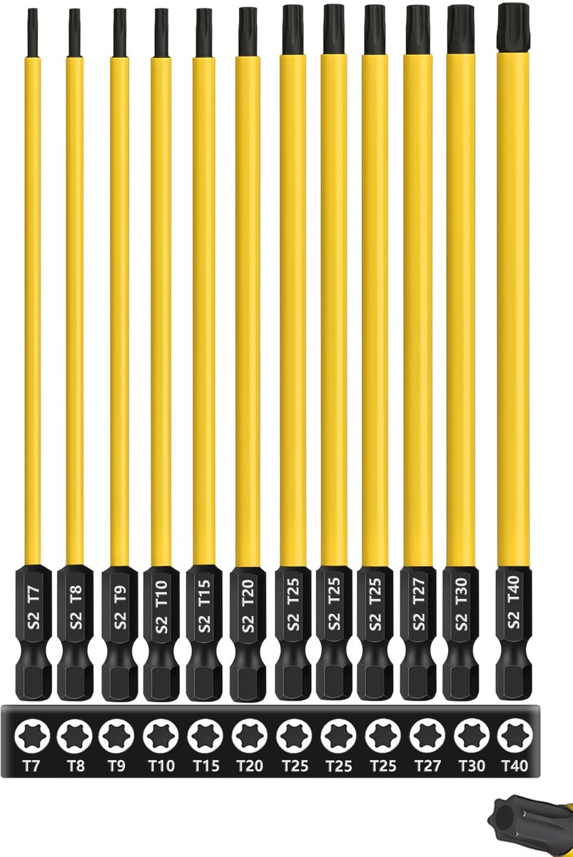 12 stuks, 150 mm, magnetische torx-boor, 1/4 inch zeskantige schacht, sterrenkop, schroevendraaierset, S2 staal, elektrische lange bits, set gereedschap T7-T40