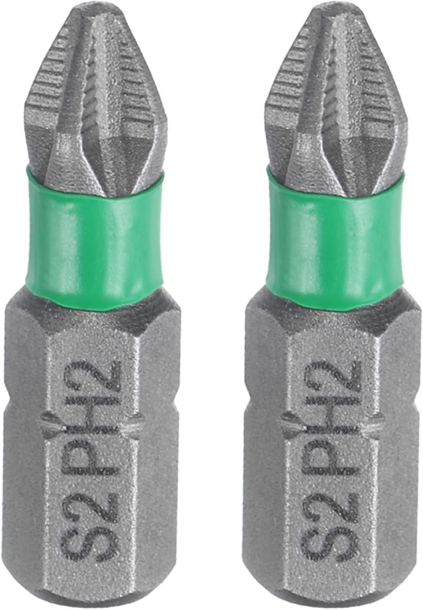 2 stuks # 2 antislip Phillips jachtschroef Impuls PH2 1/4 inch zeskantschacht 1 inch (25 mm) kruiskop magnetische boor S2 staal zandstraalgereedschap grijs/groen