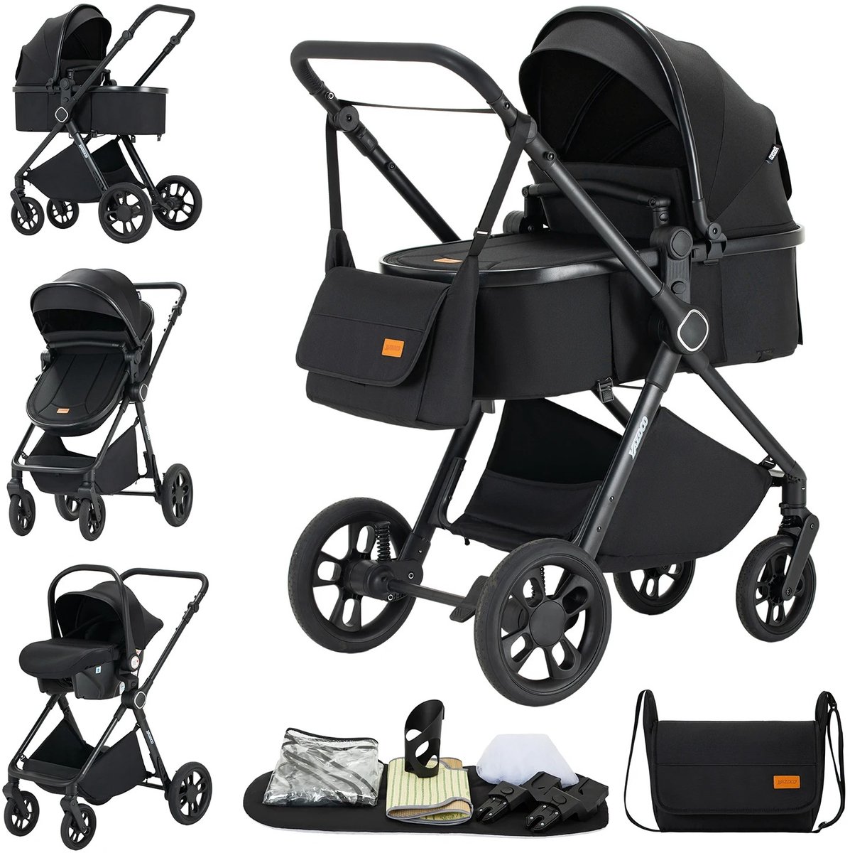 Deluxe 3-in-1 Kinderwagen met Autostoel en Reiswieg – Luxe Combikinderwagen – Vanaf Geboorte – Verstelbare Rugleuning – Inclusief Accessoires – Nieuw Model – Kleur Zwart