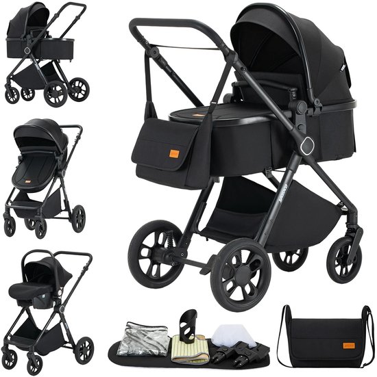 Overzicht van de zwarte Yazoco kinderwagen in verschillende configuraties, inclusief accessoires.