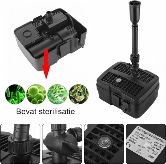 Zwart vijverfilter met UV-C lamp en sproeier. Bevat sterilisatie.