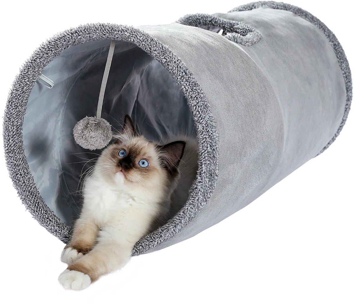 Kattentunnel - Dubbele opening - Met piepje en speelbal - Kattenspeeltunnel – Speeltunnel – Kruiptunnel – Superduurzaam - Opvouwbaar – Grijs