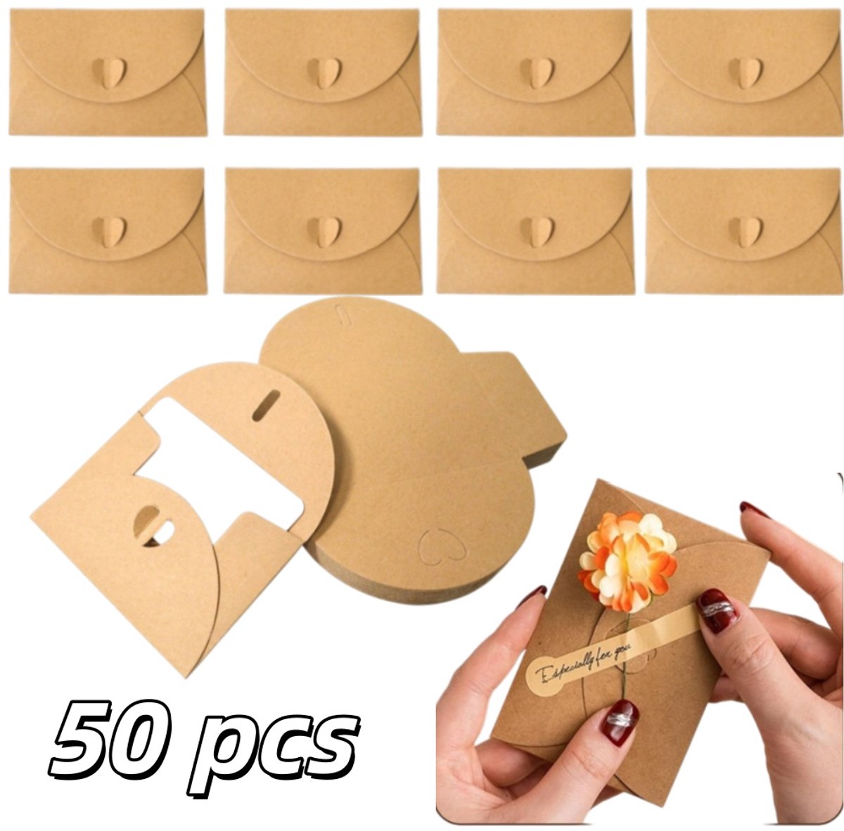 Set van 50 mini-enveloppen - Hartvormige sluiting - Wenskaarthoes - Visitekaarthouder - 11,2 x 7,7 cm - Ideaal als huwelijksbedankje - Bruin