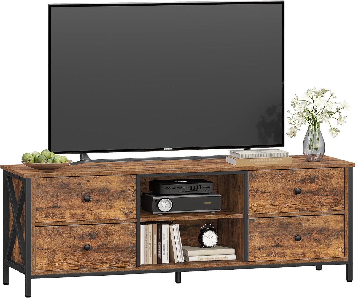 Hzuaneri TV-meubel met 4 lades TV-tafel voor tv's tot 147 cm, met 2 open tv-meubels, 40 x 147 x 50 cm, voor woonkamer, slaapkamer, eetkamer, rustiek bruin