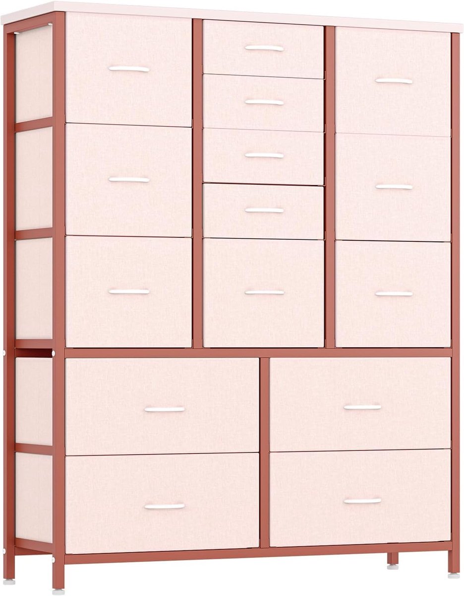 Triumpunpre - Moderne ladekast 15 lades in stof – Metalen frame – Houten blad – Veelzijdige opbergoplossing woonkamer, slaapkamer en entree – Roze