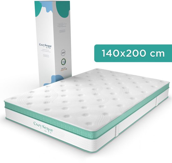 CozySense hybride matras 140x200 cm met groene accenten, 7-zones pocketvering en traagschuim. Textuur met kuiltjes.