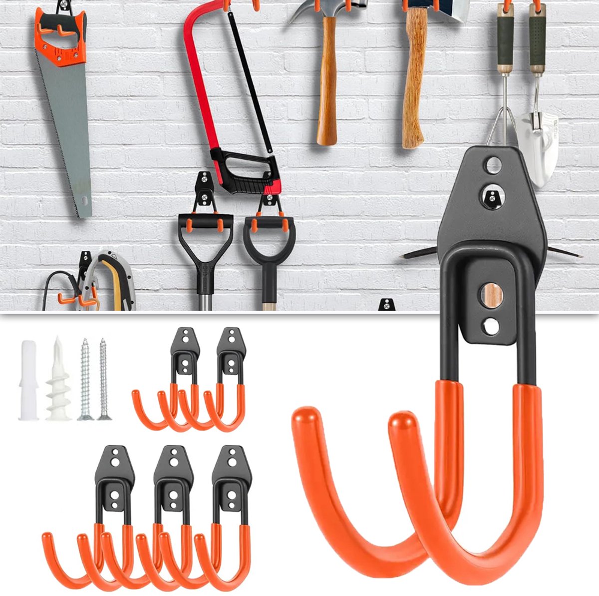 Set Van 6 Wandhaken Voor De Garage Met Dikke PVC-Coating En Gebogen Uiteinden – Stevig Metaal 11,5 cm Geschikt Voor Schoppen, Fietsen En Ladders – Oranje