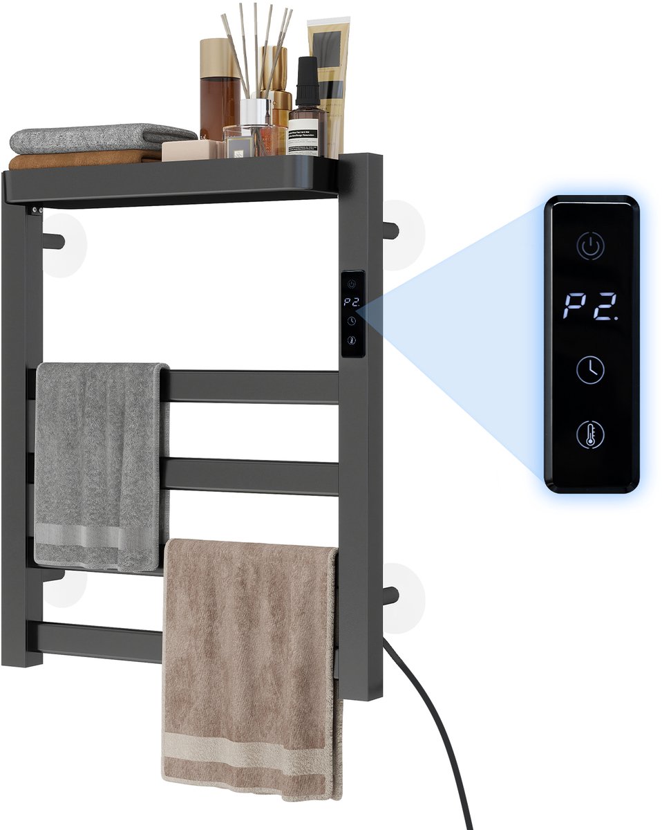 Puluomis - Elektrische handdoekhouder 72W - Wandmontage - Plank - Temperatuurregeling met 6 standen - Timerfunctie - Aluminiumlegering - 45~70℃ - Grijs