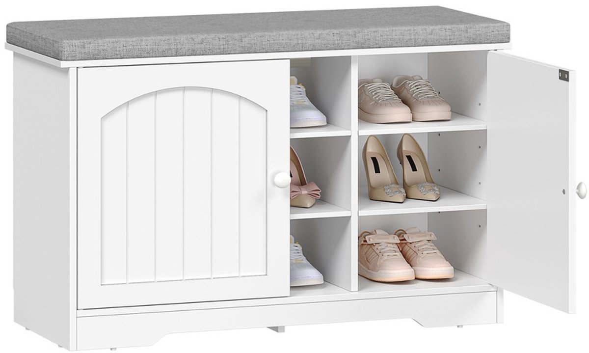 Hzuaneri Zitbank voor de entree, 80 x 34 x 55 cm, wit linnen, Dubbele deur, 9 vakken, verstelbare legplanken, voor entree, woonkamer en slaapkamer