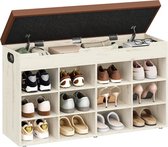 HILINSIE Schoenenbank met zitting, 12 vakken, vintage bruin-wit | Schoenenrek, zitbank met opbergruimte, uitneembare planken, 30 x 100 x 55 cm, voor woonkamer, hal, ingang