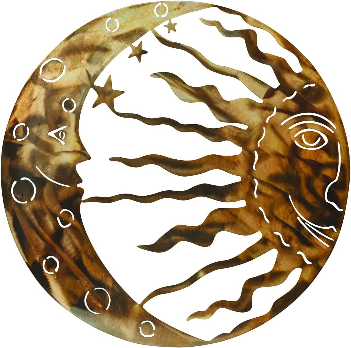 Metalen zon kunst wanddecoratie 11,8 inch grote metalen zon maan sterren muur opknoping decor voor buiten binnen huis tuin patio boerderij (brons)