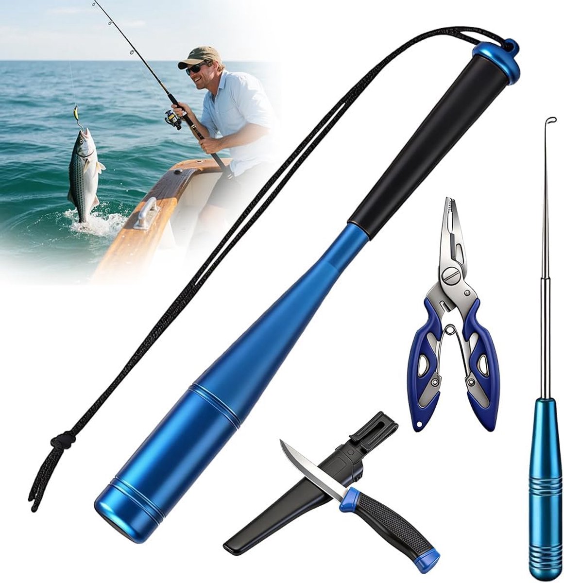 4 sets visdooter, dode racket, visstoker, vistang en vismes met schede, aluminium haakverwijderaar, vissen voor outdooractiviteiten (blauw)