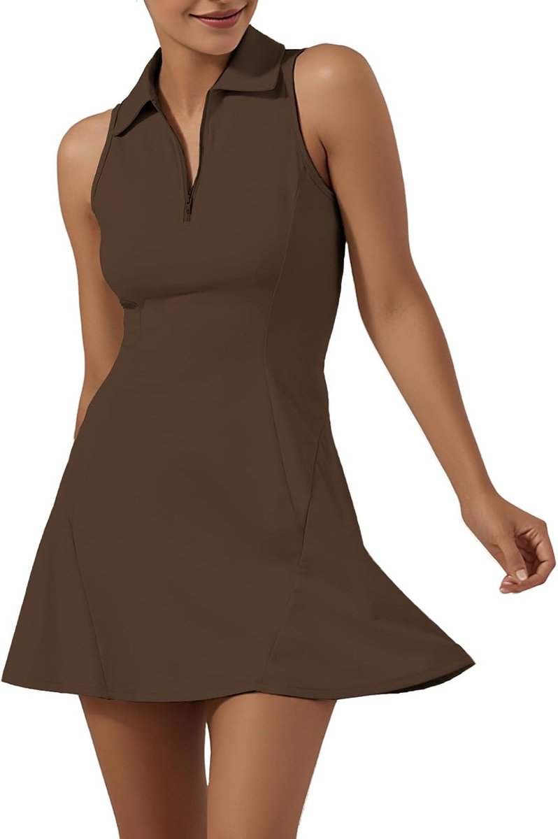 Tennisjurk voor dames, mouwloze atletische jurk met korte broek, 2 zakken, rits, poloshirt, golfoutfit, work-out, casual