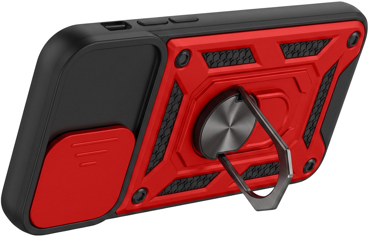 Mayaxess, Hoesje met Ring Geschikt voor Apple iPhone 11 Schuifbare Cameraschuif en Magneet, Rood / Zwart
