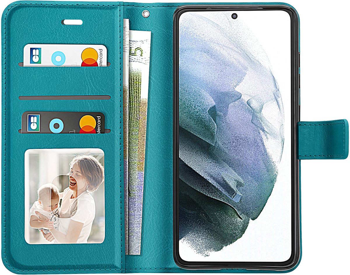 Mayaxess, Portemonnee Hoesje geschikt voor Samsung Galaxy S21 met Draagkoord, Turquoise