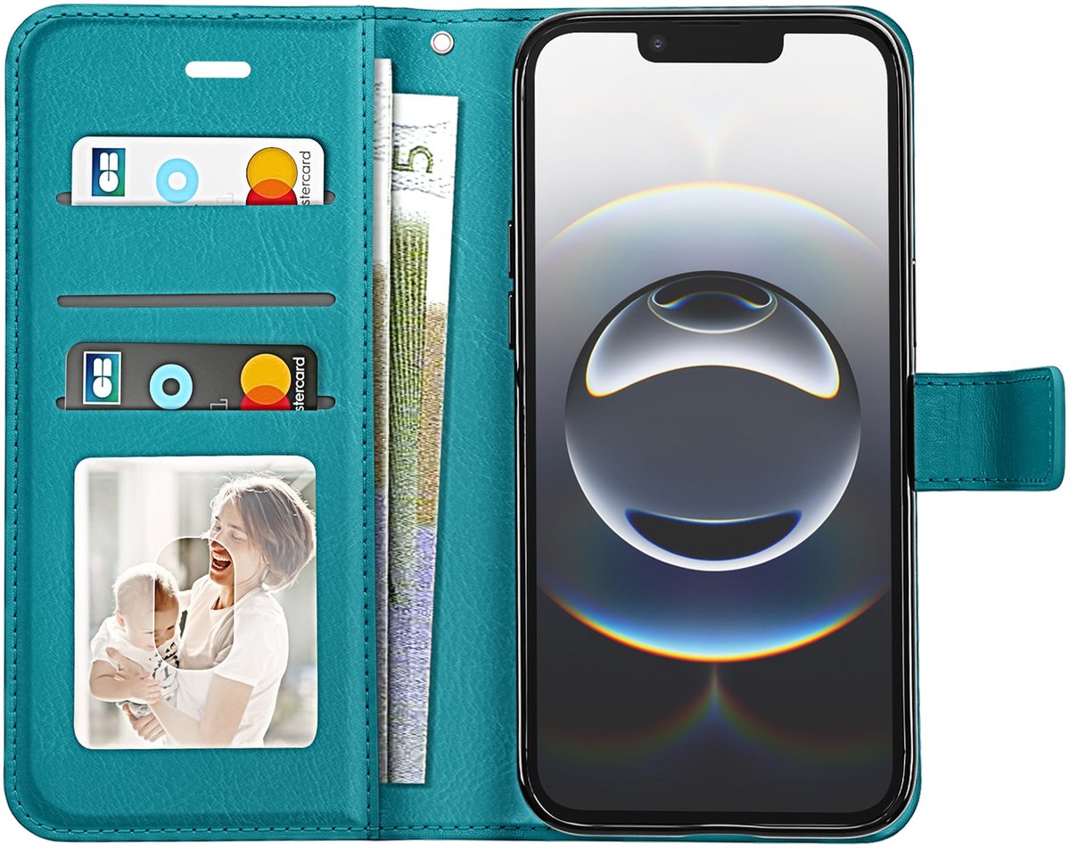 Mayaxess, Portemonnee Etui Geschikt voor Apple iPhone 16e met Standaard en Polsbandje, Turquoise