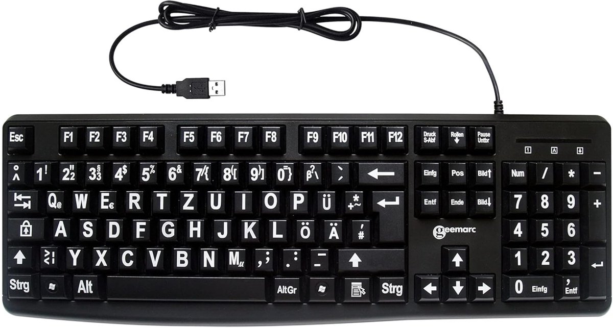 Geemarc, Bedraad USB-A Toetsenbord voor PC QWERTZ-Indeling met Grote Letters, Zwart