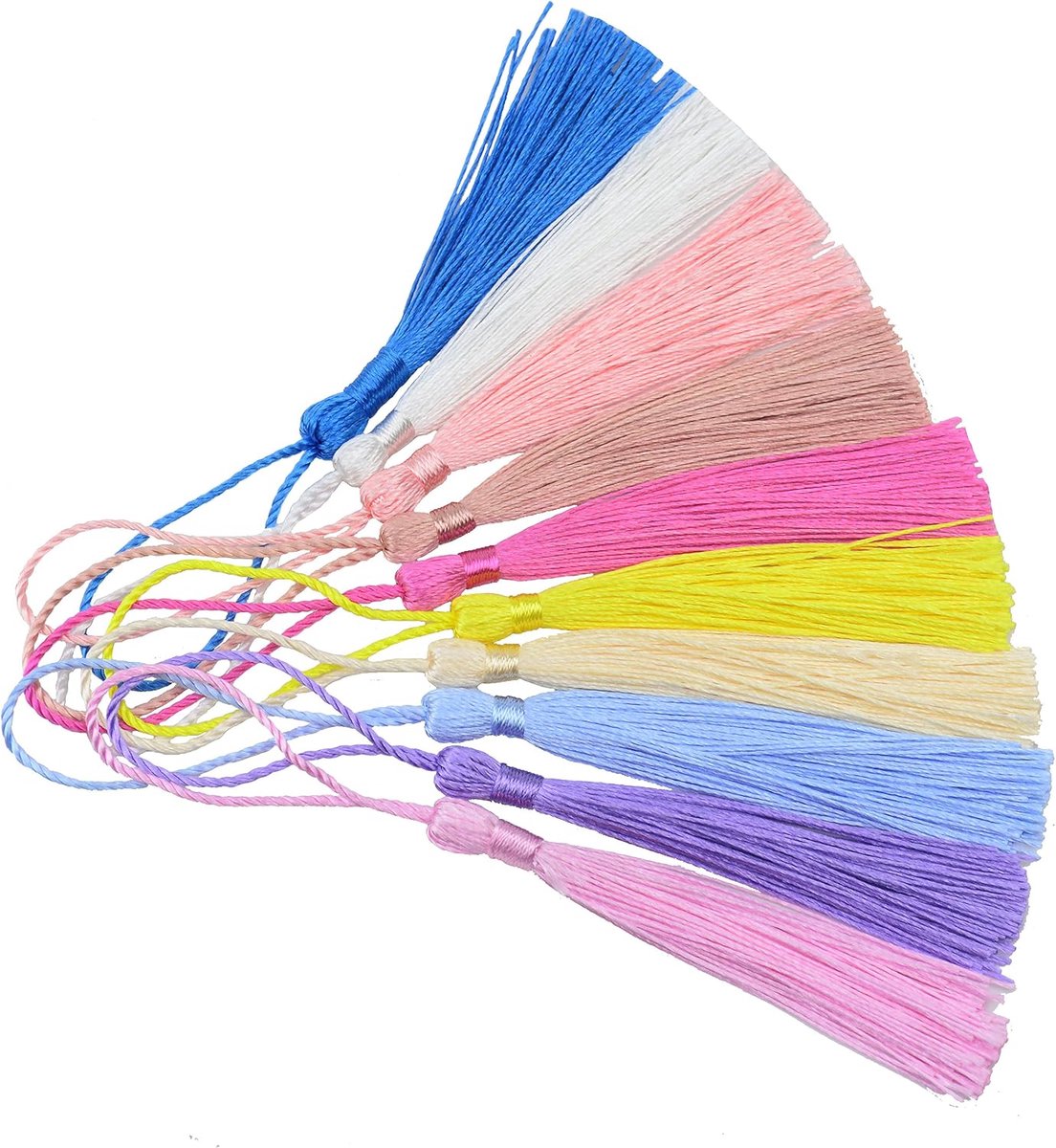 100 stks 13cm/5 Inch Zijdeachtige Floss Bladwijzer Kwastjes met 2-Inch Koord Loop en Kleine Chinese Knoop voor Sieraden Maken, Souvenir, Bladwijzers, DIY Craft Accessoire(Gemengd licht)