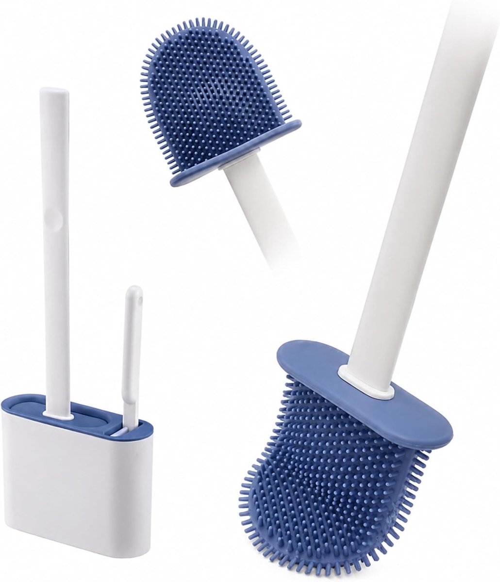 Siliconen toiletborstel met 2-in-1 standaard - Toiletborstel met geïntegreerde mini-borstel - Lijm, wand- of vloerbevestiging - Snel drogend - Gekozen kleur - 2 borstels