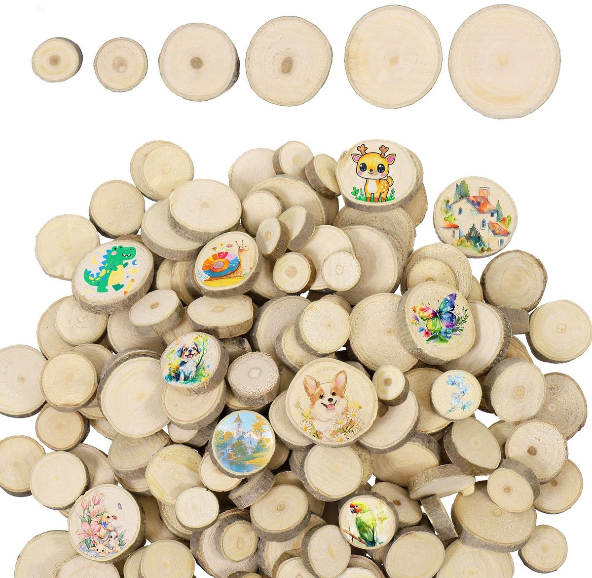 160 stuks kleine houten schijven, set (1-3 cm), ronde boomschijven om te knutselen, mini-houten schijven van natuurlijk hout, onbehandelde houten plaatjes voor doe-het-zelf, tafeldecoratie