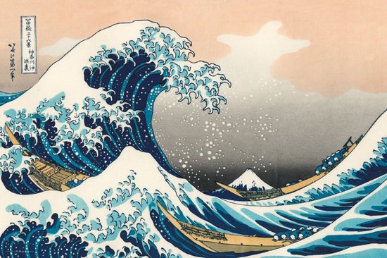 De Grote Golf van Kanagawa, met boten en de berg Fuji op de achtergrond. Blauwe en witte golven.