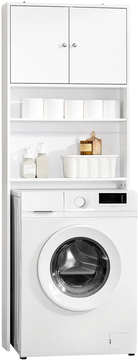 Archi Wasmachinekast – Badkamerkast - Bovenkast Wasmachine met 2 Deuren en Open Planken – Opbergkast – Wit – 65 x 20 x 182 cm