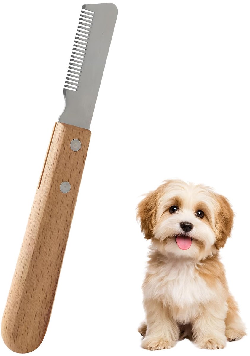 Hondentrimmes voor stomp, hond, ruwhaartekkel, teckel, fijn dekhaar, terriër, trimkam voor hond met houten handvat, huisdierverzorgingsgereedschap met ergonomisch gevormd geslepen roestvrij staal